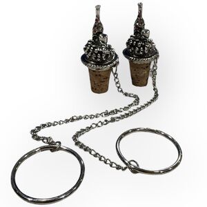 Pair of 2 Pewter Wine Stoppers on a Chain With Corks - Never Used!